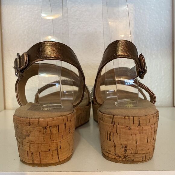 Volatile Rhinestones Leather Platform Cork Brown Tan Ankle Strap Sandals - Picture 3 of 10